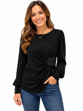 Picadilly Fashion Black Long Sleeve Knot Top with Studded Accent